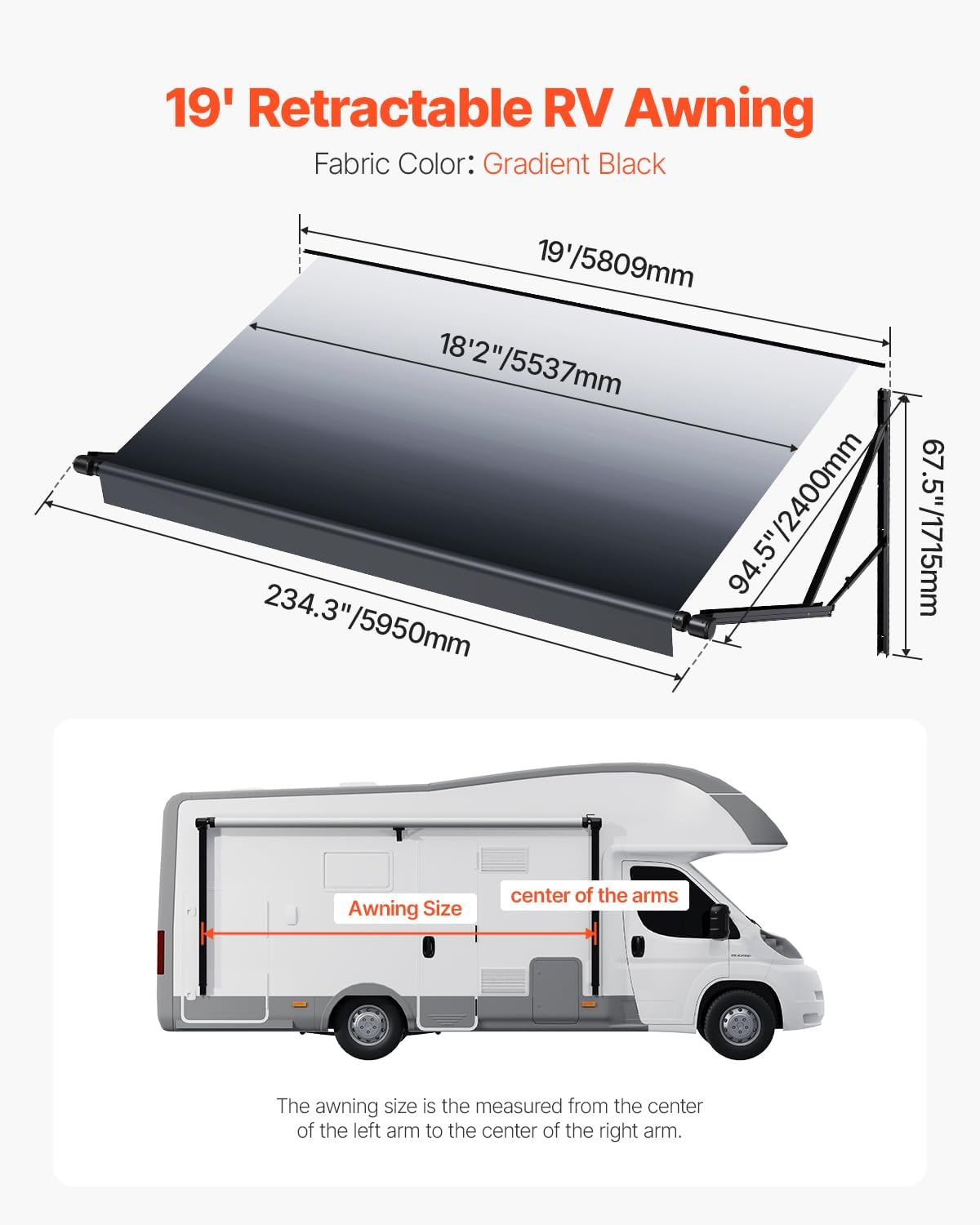VEVOR Markise für Wohnmobile elektrische wasserdichte Modulmarkise Seitenmarkise (5809 mm) mit Aluminiumlegierungsrahmen, Schwarze Außenmarkise mit Farbverlauf, Sonnenschutz für Camping