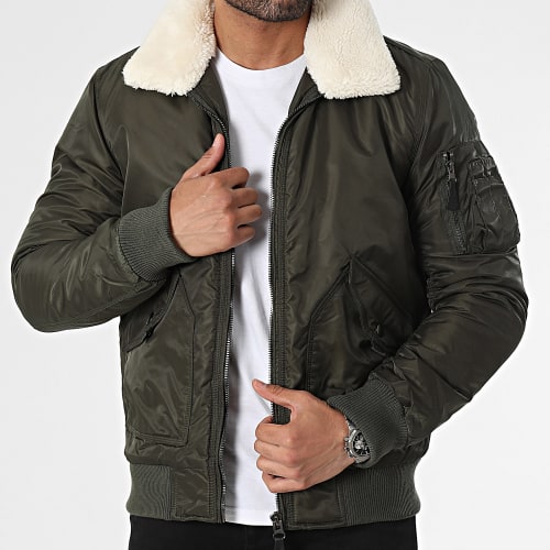 Veste Bomber Col Mouton Vert Kaki