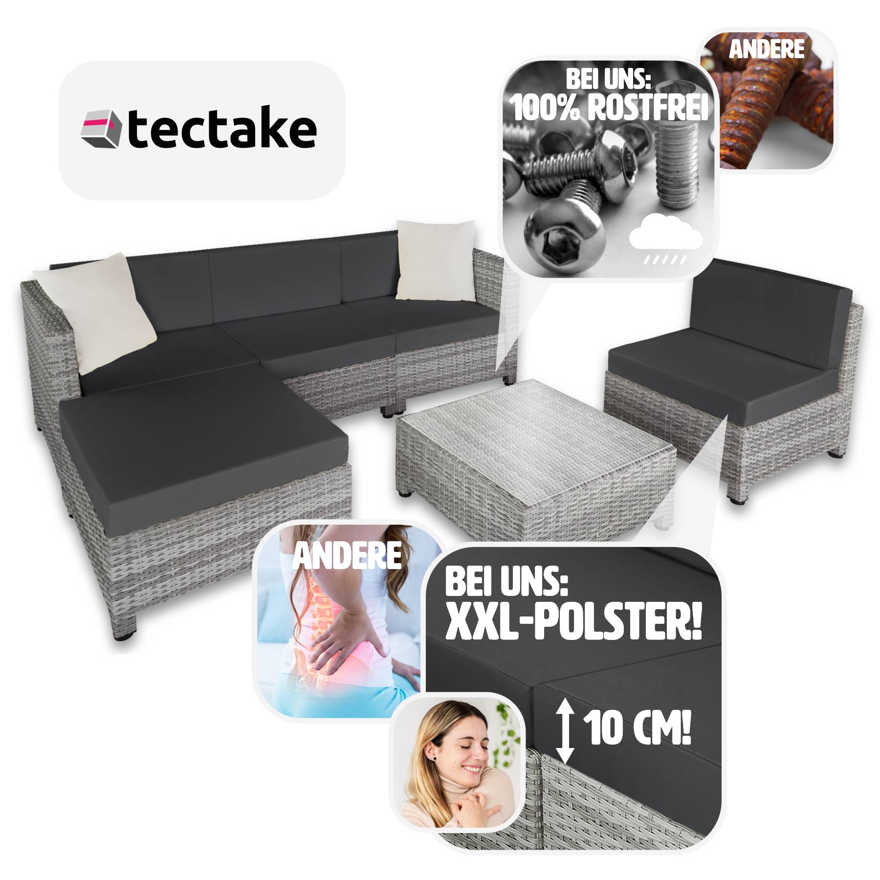 tectake® Rattan Lounge, mit Aluminiumgestell, wetterfest und UV-beständig, mit Sicherheitsglasplatte