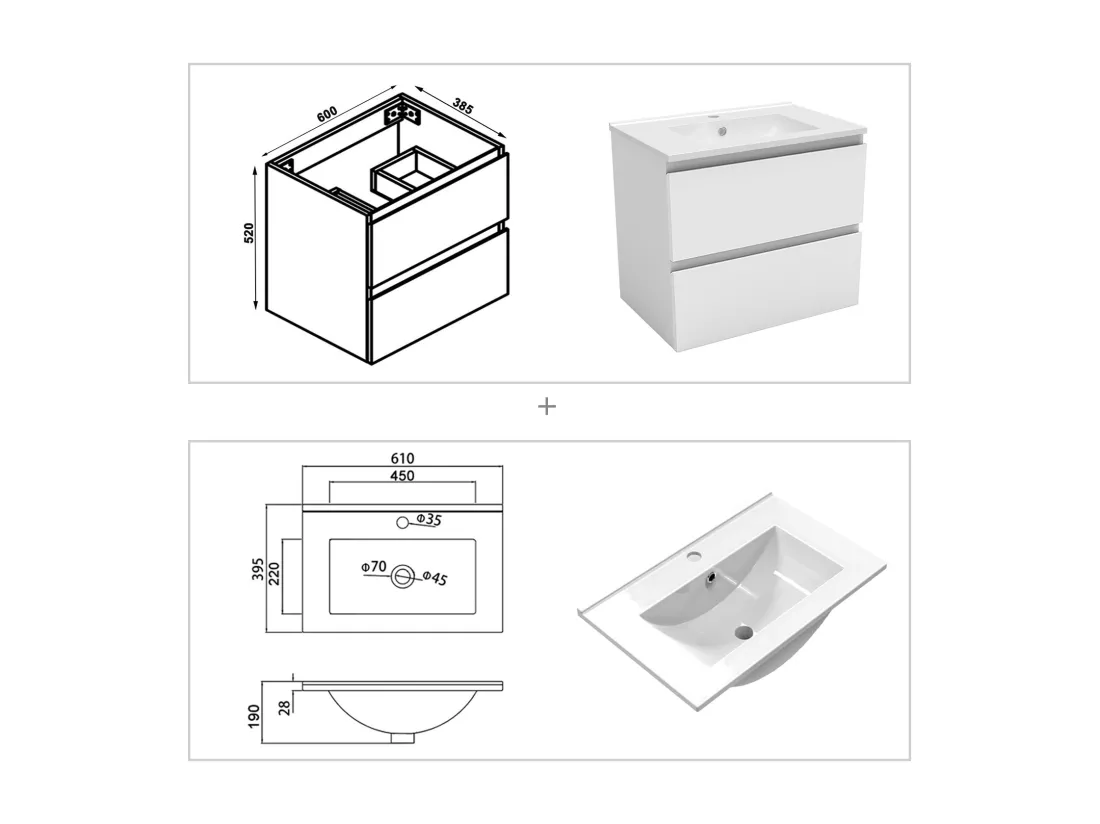 Ensemble meuble vasque L.60cm 2 tiroirs + lavabo + colonne + miroir,blanc