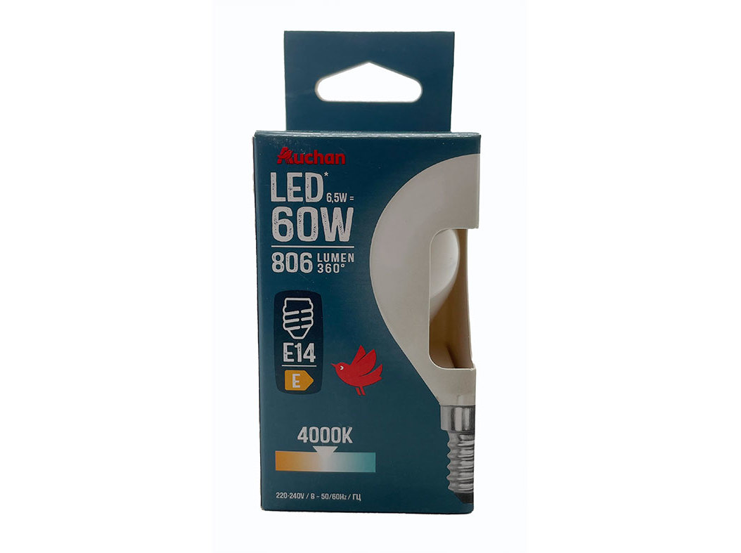 LÂMPADA LED ESFÉRICA AUCHAN E14 60W LUZ BRANCA