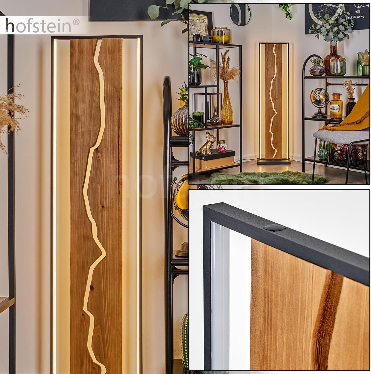 LED Stehleuchte Terre, Stehlampe aus Metall/Holz/Kunststoff in Schwarz/Naturfarben/Weiß, Retro/Vintage-Design mit Schirm aus Holz, Höhe 120, 18 Watt, 2300 Lumen, 3000 Kelvin