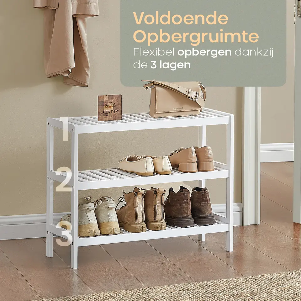 O'DADDY Bamboe Schoenenrek - 3 Laags - Voor 12 Paar - Wit - 70x26x55 cm