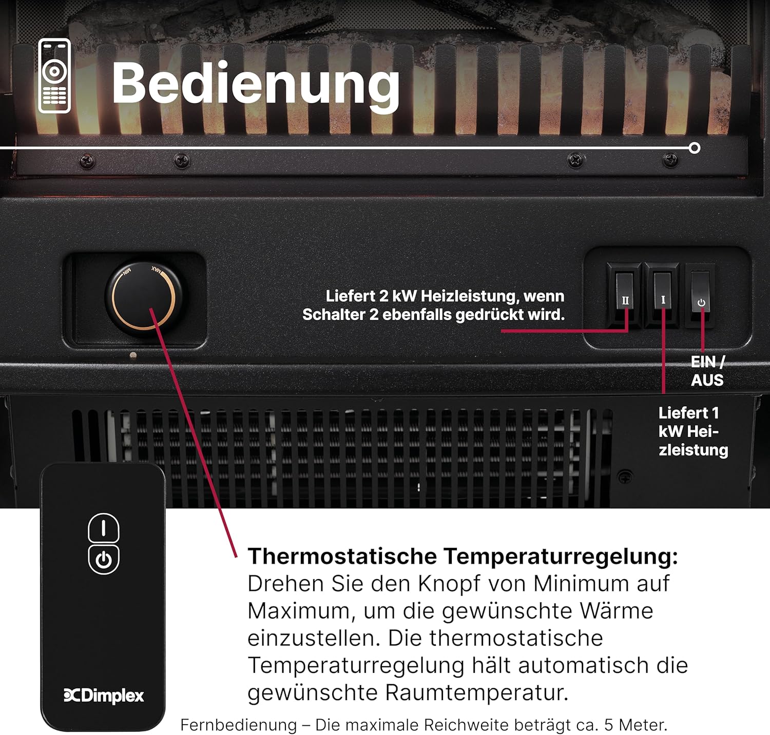 Dimplex Elektrokamin Optiflame Tango - Freistehender Elektrischer Kamin mit Kohlebett - LED-Flammeneffekt - Einstellbarer Heizung - Thermostat und Fernbedienung