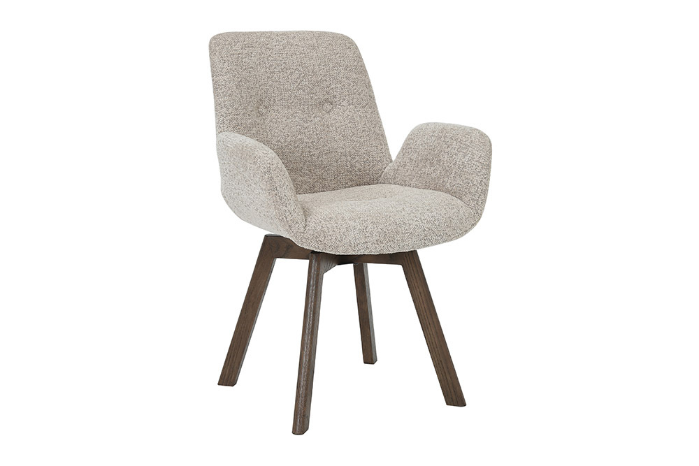 Drehbarer Design Stuhl BALTIC taupe Bouclé Tweed Soft Eiche Massivholz