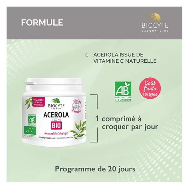 Biocyte Acerola 1100mg Bio Imunidade e Energia 20 Comprimidos Mastigáveis