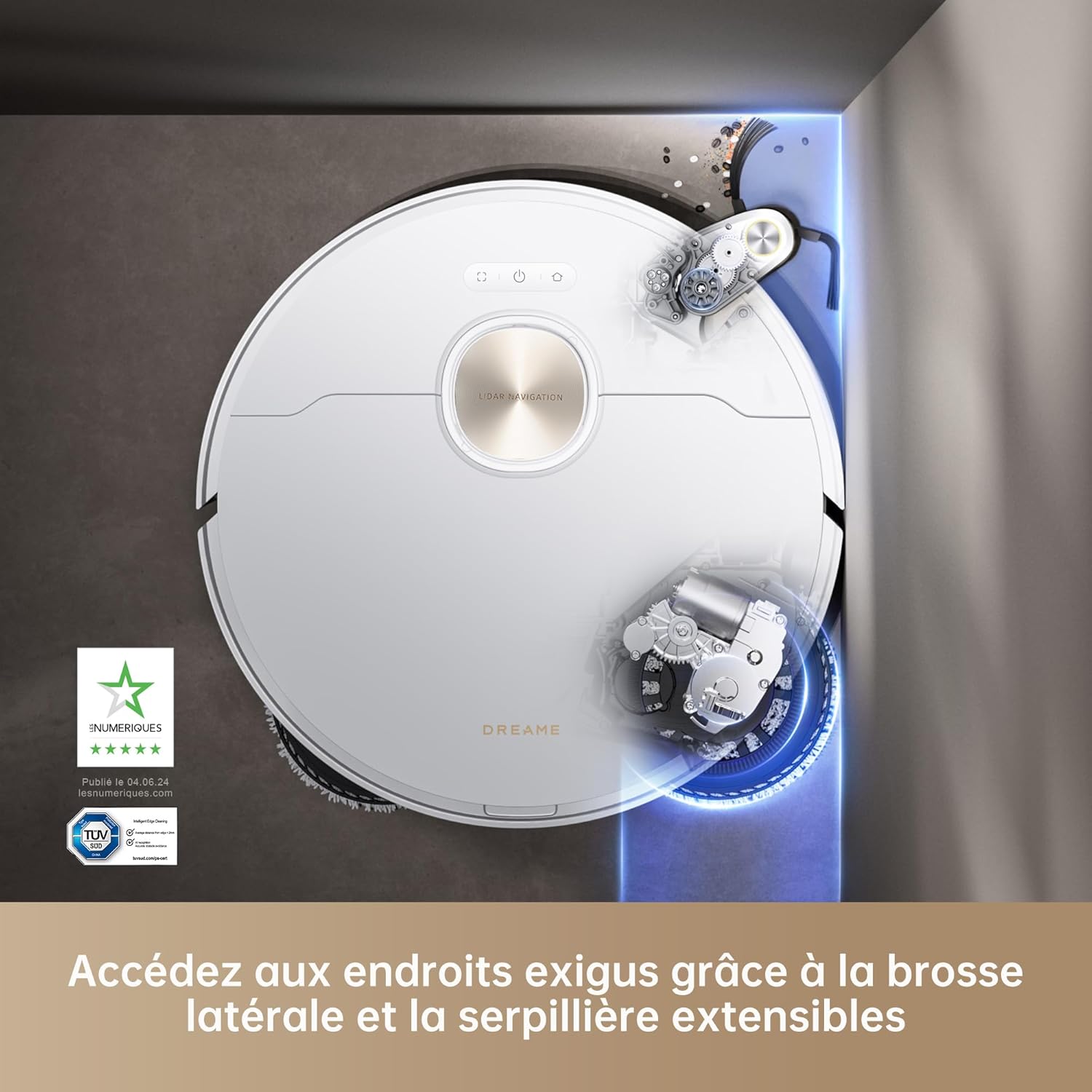 DREAME X40 Ultra Complete Robot Aspirateur avec Serpillière amovible et relevable, Brosse latérale surélevée,12 000 Pa,Serpillière et la Plaque de lavage avec de l'eau chaude à 70 C,Brosses relevables