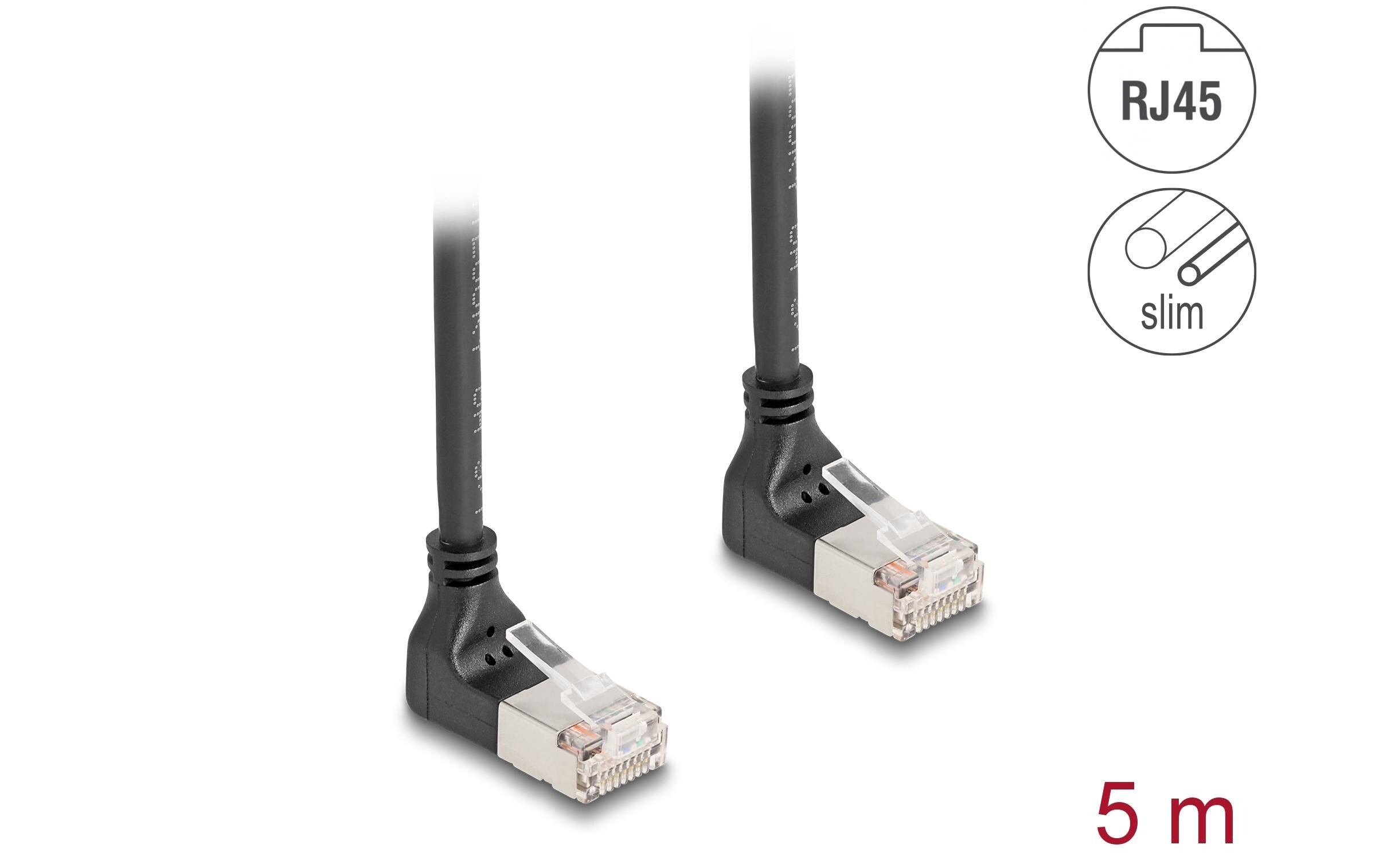 Patchkabel 90° oben gewinkelt Cat 6A, S/FTP, 5 m, SchwarzDelock RJ45 Netzwerkkabel Cat.6A S/FTP Slim 90° oben / oben gewinkelt 5 m schwarz