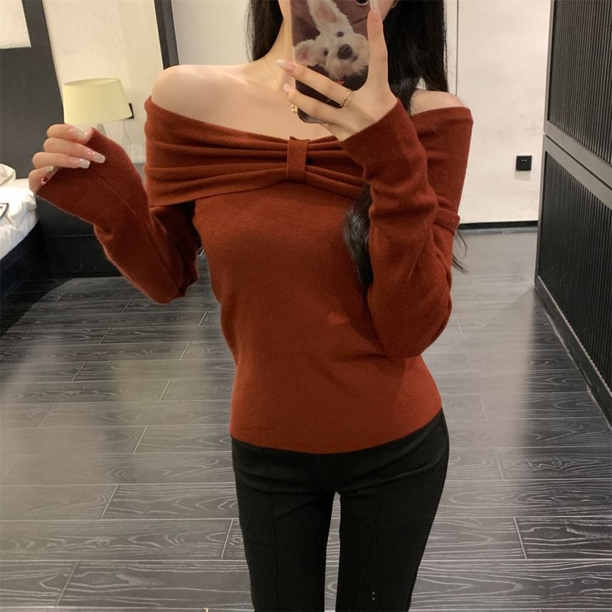 Moregirl - Off-the-Shoulder lange mouwen effen geribbelde gebreide top