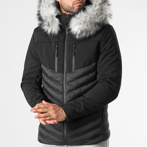 Doudoune Capuche Tech Fitted Avec Fourrure Grise 0053 Noir