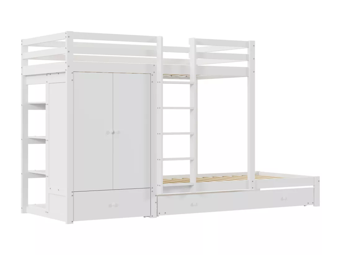 Lit superposé 90x200cm, lit enfant avec lit gigogne 90x190cm, armoire, échelle, tiroirs et compartiment de rangement, blanc