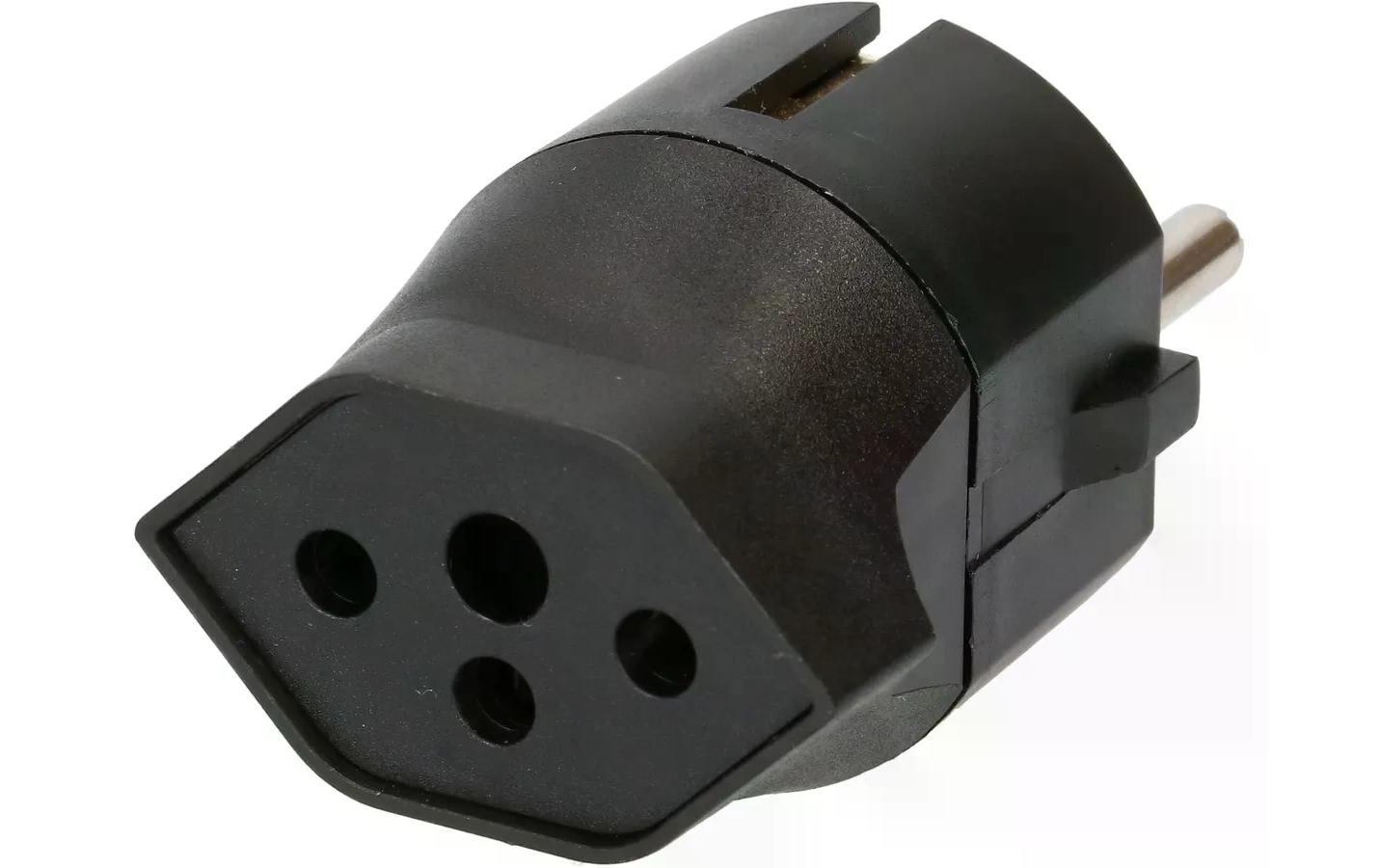 Fixadapter Schuko auf T13, SchwarzÜbergangsstecker zur Nutzung von 3-poligen Geräten mit Schweizer-Stecker in Ländern mit Schuko-Steckern