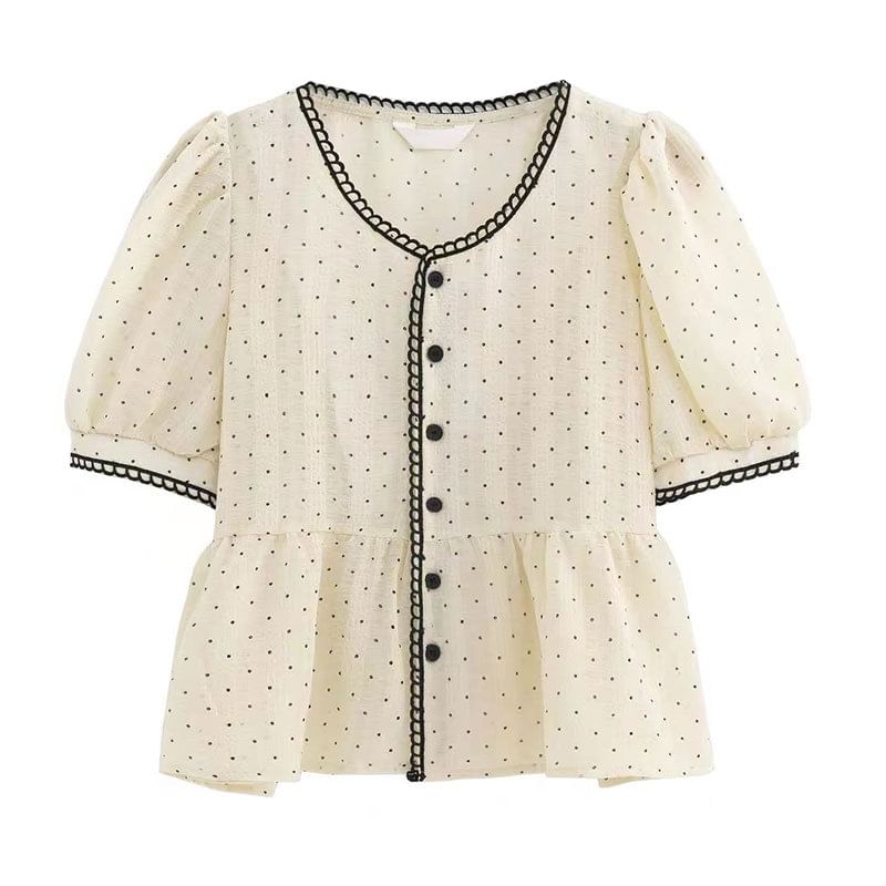 Arroba - Blouse met pofmouwen, kantversiering en knoopjes