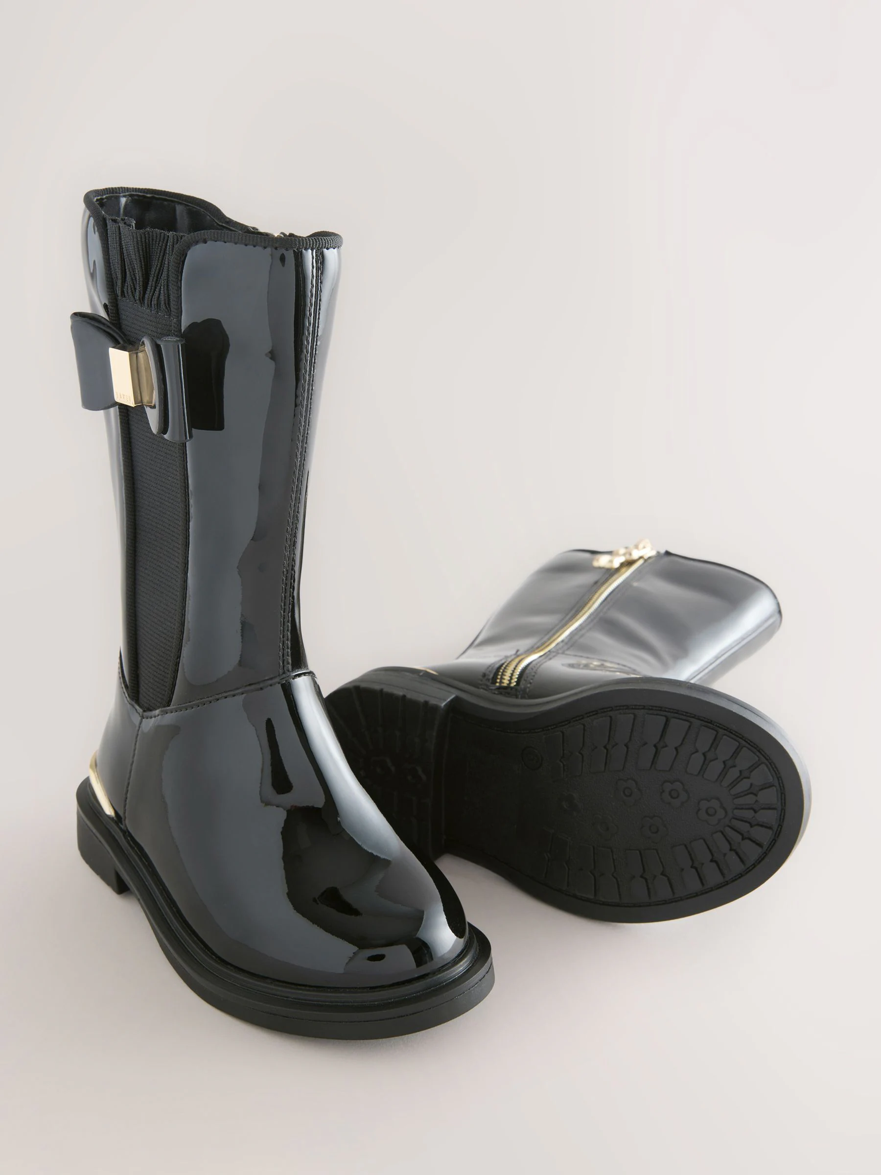 Baker by Ted Baker Girls Patent Tall Knee High Black Boots With Bow