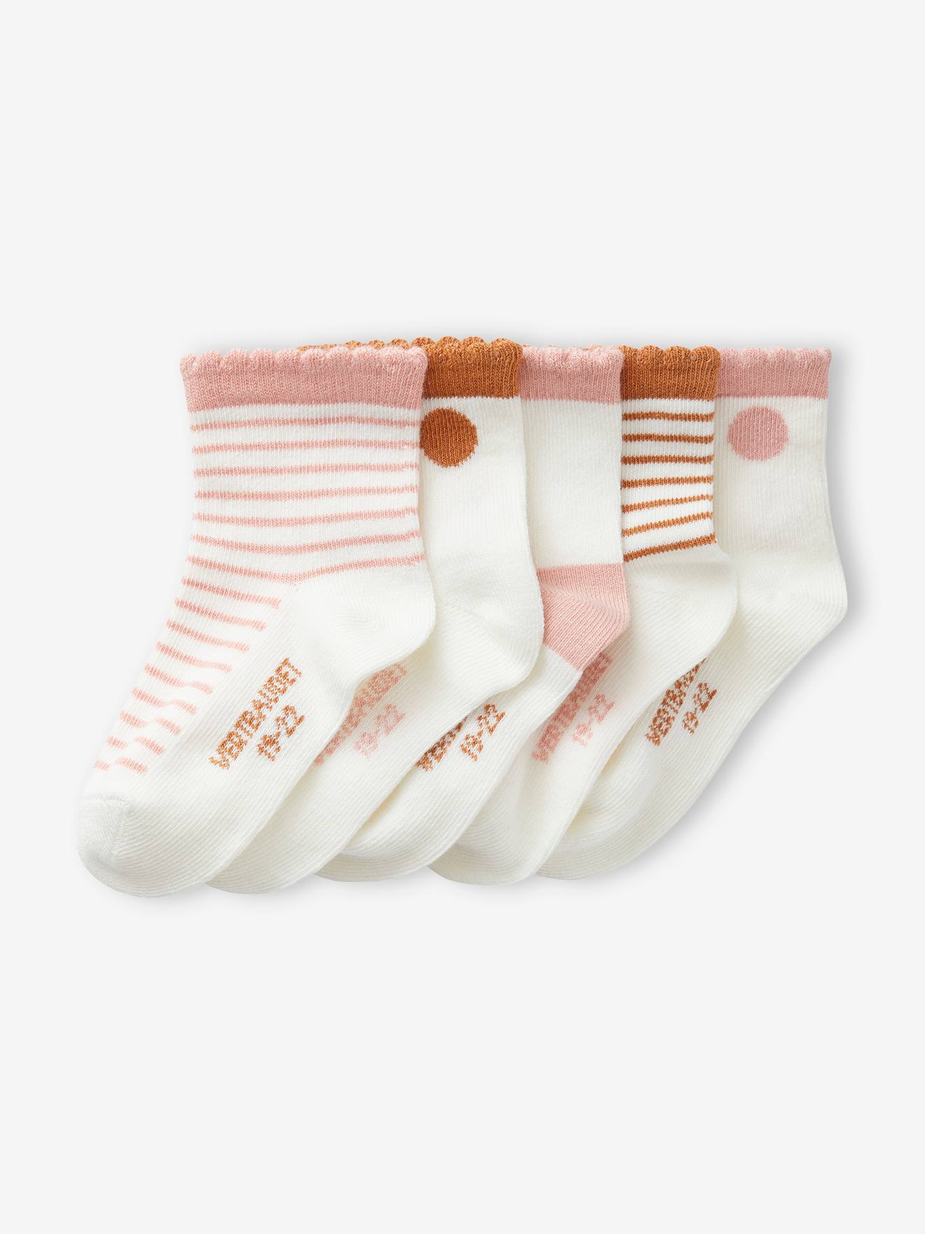 Pacote com 5 pares de meias de bolinhas/listradas para bebê menina, cor ferrugem