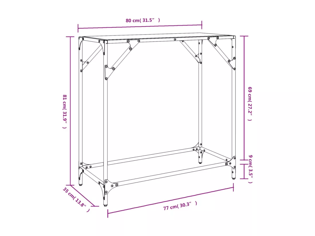 Table console avec dessus en verre noir 60x35x81 cm acier
