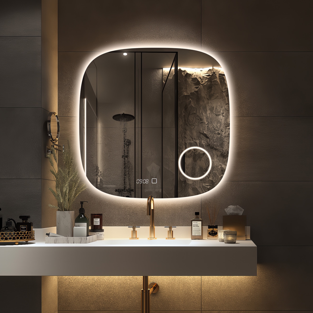 Saniclear Shave Deens ovale spiegel 80x80cm met verlichting, verwarming en vergrootglas