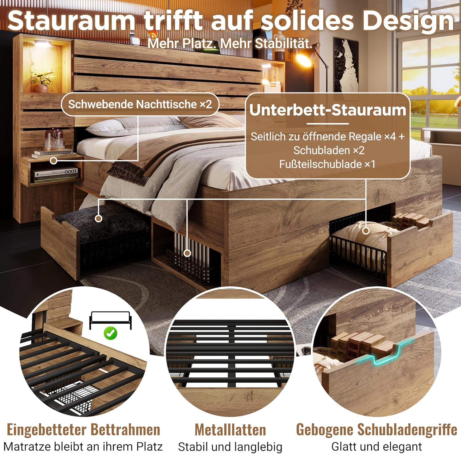 Kebnor Holzbett Doppelbett 160x200 cm mit LED-Downlights und USB Type-C, beleuchtete Nische, schwebende Nachttische, Unterbett-Stauraum mit Schubladen, Eichenoptik (Ohne Matratze) (160×200cm(Typ 3))