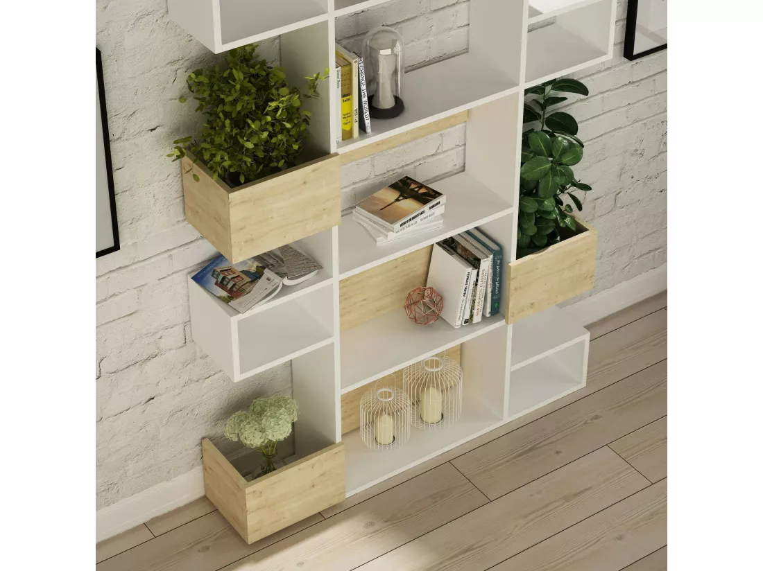 Bibliothèque Thetis, Etagère de bureau, Porte-livre mobile, Librairie, 120x25h171 cm, Blanc et chêne