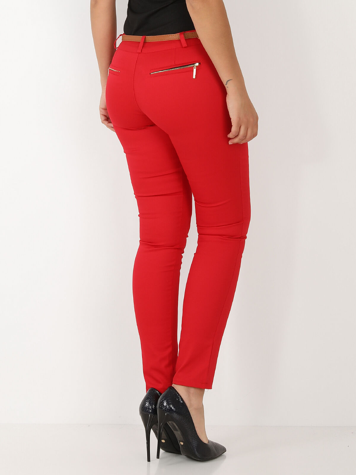 Pantalon à pinces avec ceinture- Rouge