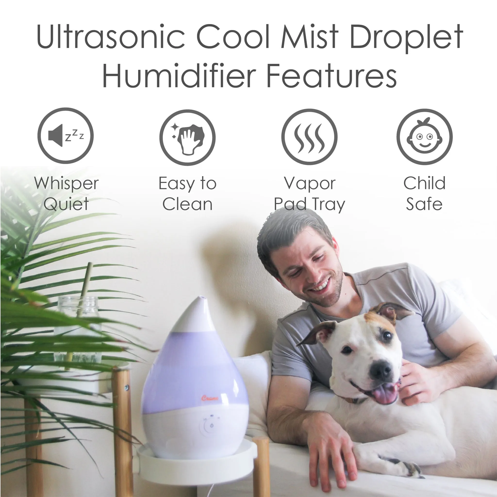 Crane Humidificateur ultrasonique à vapeur froide sans filtre Droplet, 1,89 l (0,5 gal.)