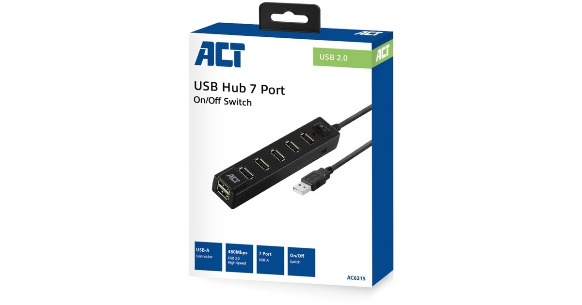 ACT ConnectivityUSB Hub 7 port met aan- en uit schakelaar usb-hub  (Zwart)