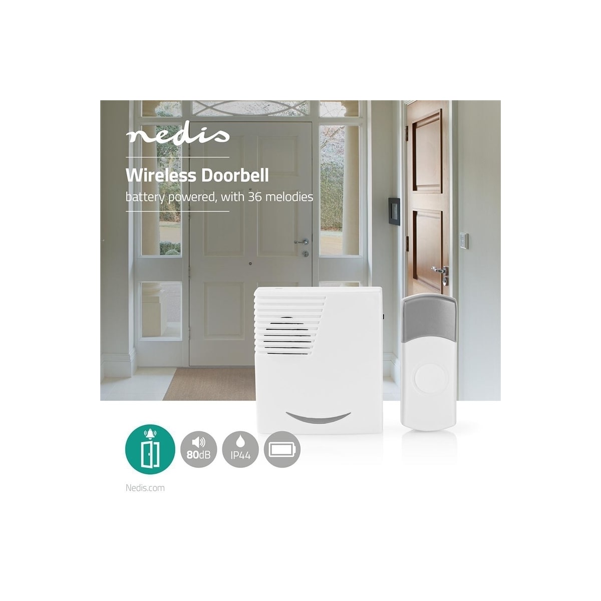 Nedis Trådløs ringeklokke Set | Batteri drevet | 3 V DC | 1x CR2032 | Volum: 80 dB | Signalområde (siktelinje): 300 m | IP44 | 36 Melodier | 1 Mottaker | Grå / Hvit