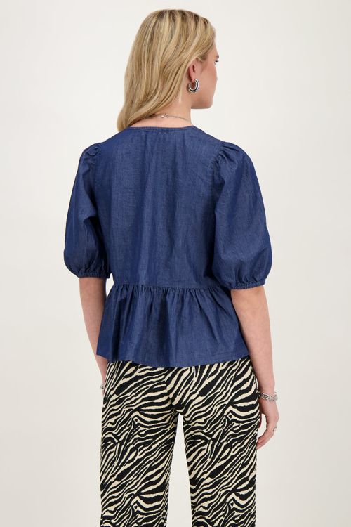 Blauwe denim top met strikjes en pofmouwen