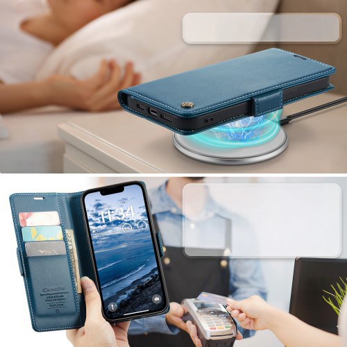 iPhone 16e Leder Tasche Flip Wallet Etui mit Kartenfächern Litchi Look (RFID Schutz) - Blaugrün