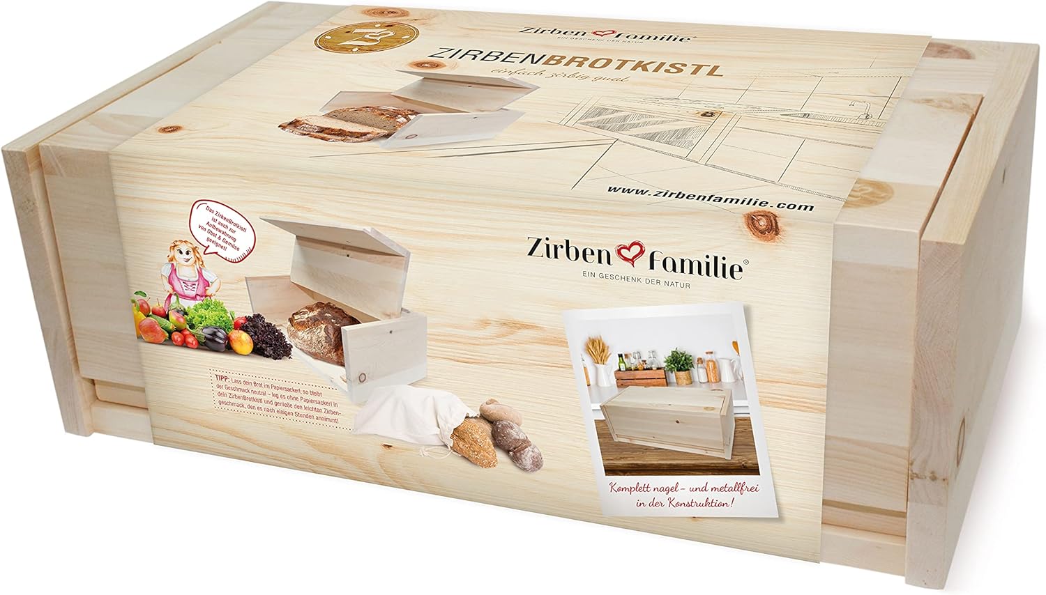 ZirbenFamilie Zirben-Brotkasten • Hygienische Aufbewahrungsbox 45x16x25cm aus duftendem ZirbenHolz • ein Produkt der ZirbenFamilie - bekannt aus dem Fachhandel & der Hotellerie