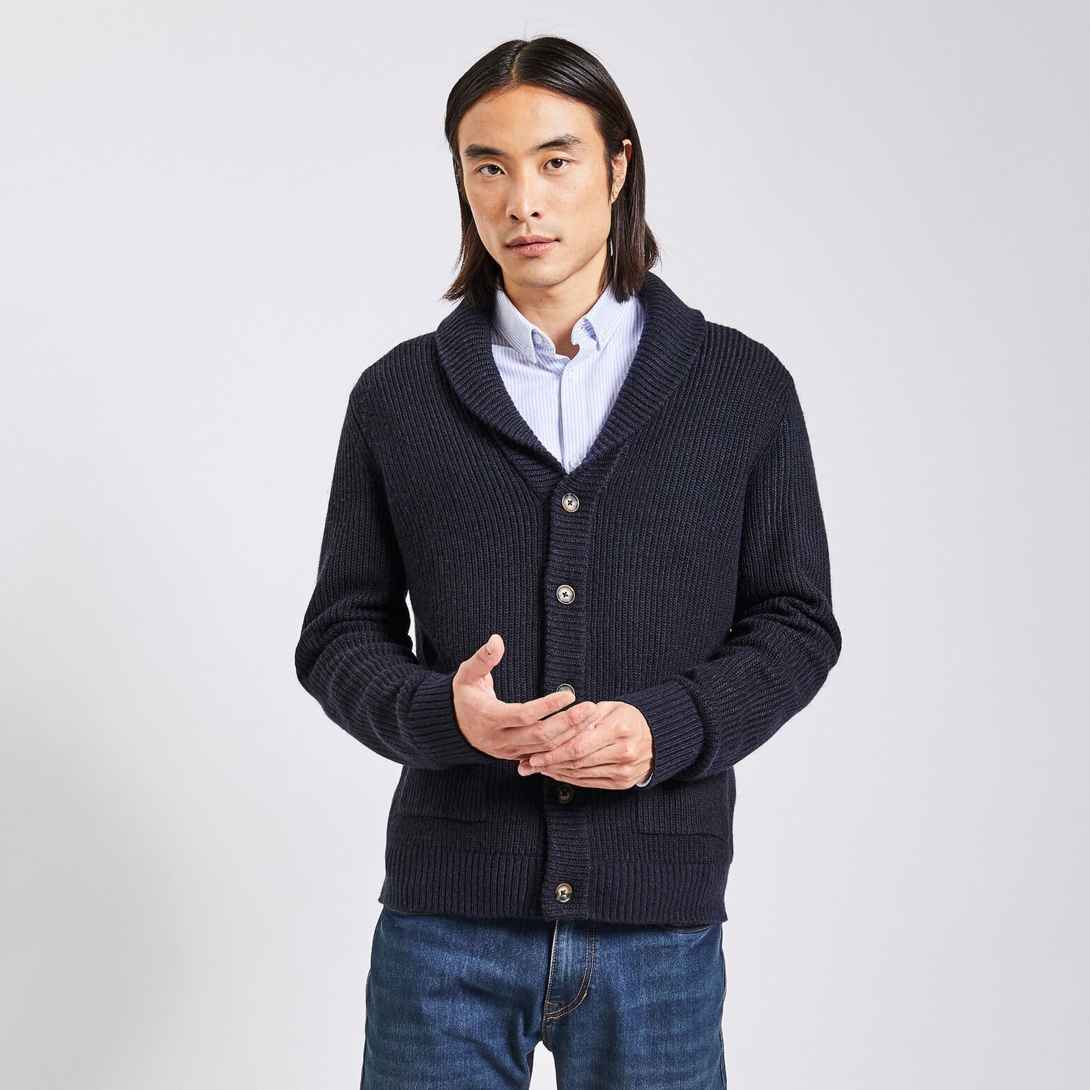 Gilet à col châle boutonné Bleu foncé
