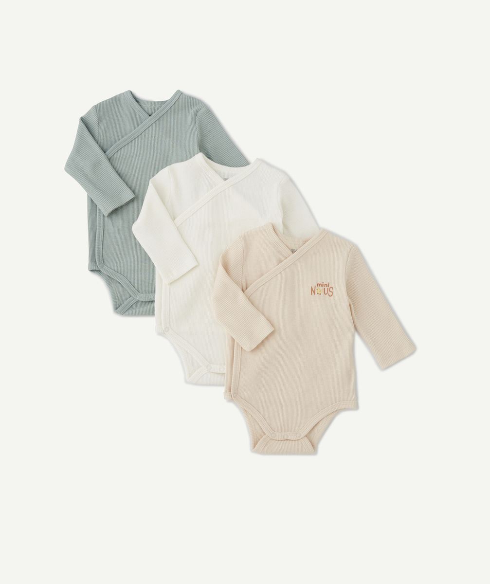 LOT DE 3 BODIES CACHE-COEUR EN COTON BIO NID D'ABEILLE MESSAGE MINI NOUS
