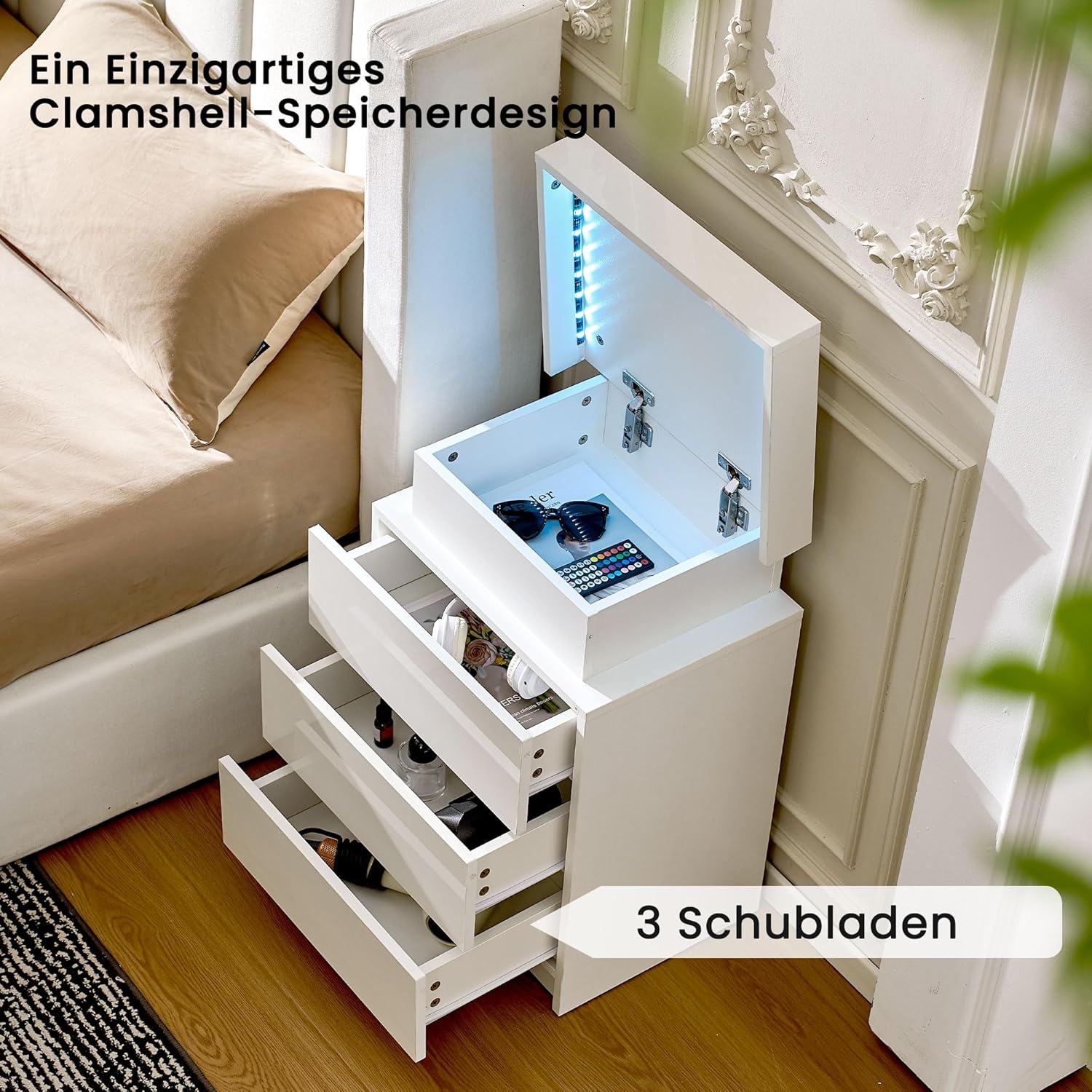 CLIPOP Nachttisch 2er Set mit LED-Beleuchtung,Einstellbare Farben,Beistelltisch Nachtschrank mit 3 Schubladen und 1 Verstecktes Staufach,Hochglanz Wohnzimmer Schlafzimmer Möbel