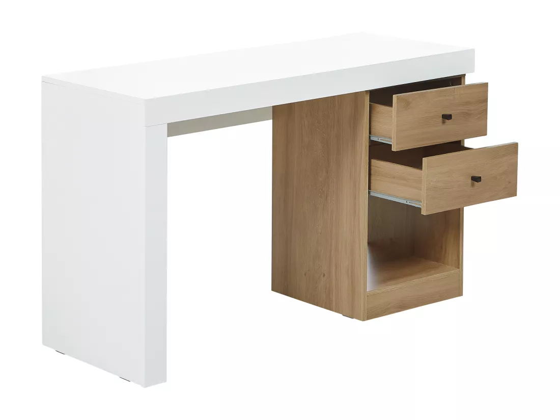 Bureau extensible 2 tiroirs et 1 niche - Coloris : Blanc et naturel - EVAN