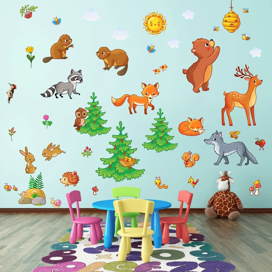 Nikima Wandtattoo 081 Wandtattoo Waldtiere Kinderzimmer Sticker Aufkleber Bär Fuchs Eule Hirsch bunt