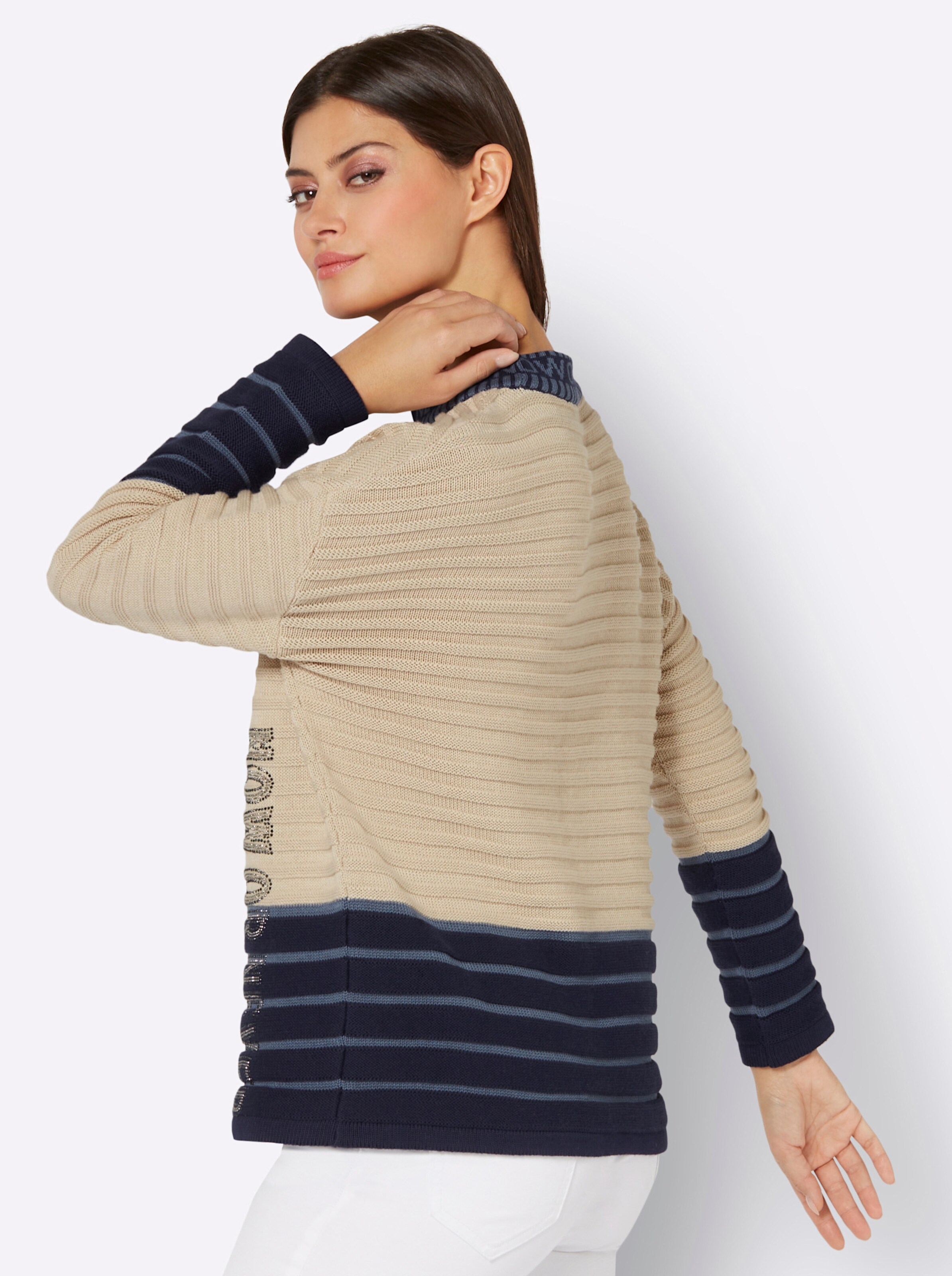 Stehkragen-Pullover in marine-sand-geringelt