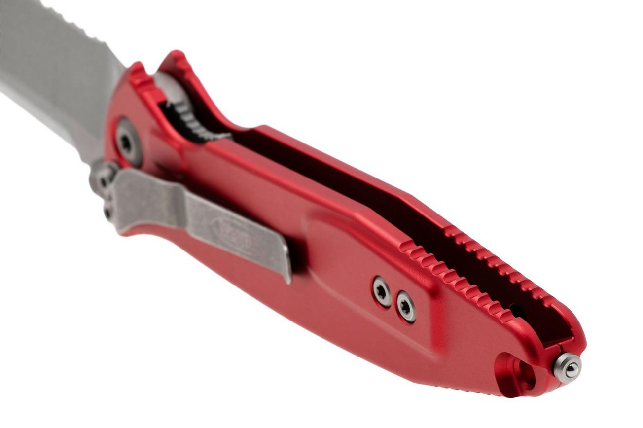Microtech Socom Elite 160-11APRD, Apocalyptic Stonewashed M390 Clippoint, Red Aluminum, partly serrated zakmes