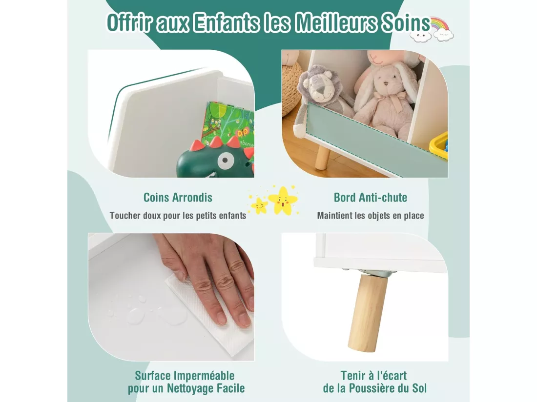 Bibliothèque enfant à 2 niveaux avec 5 cubes, étagère à livres en bois, 80x35x71 cm