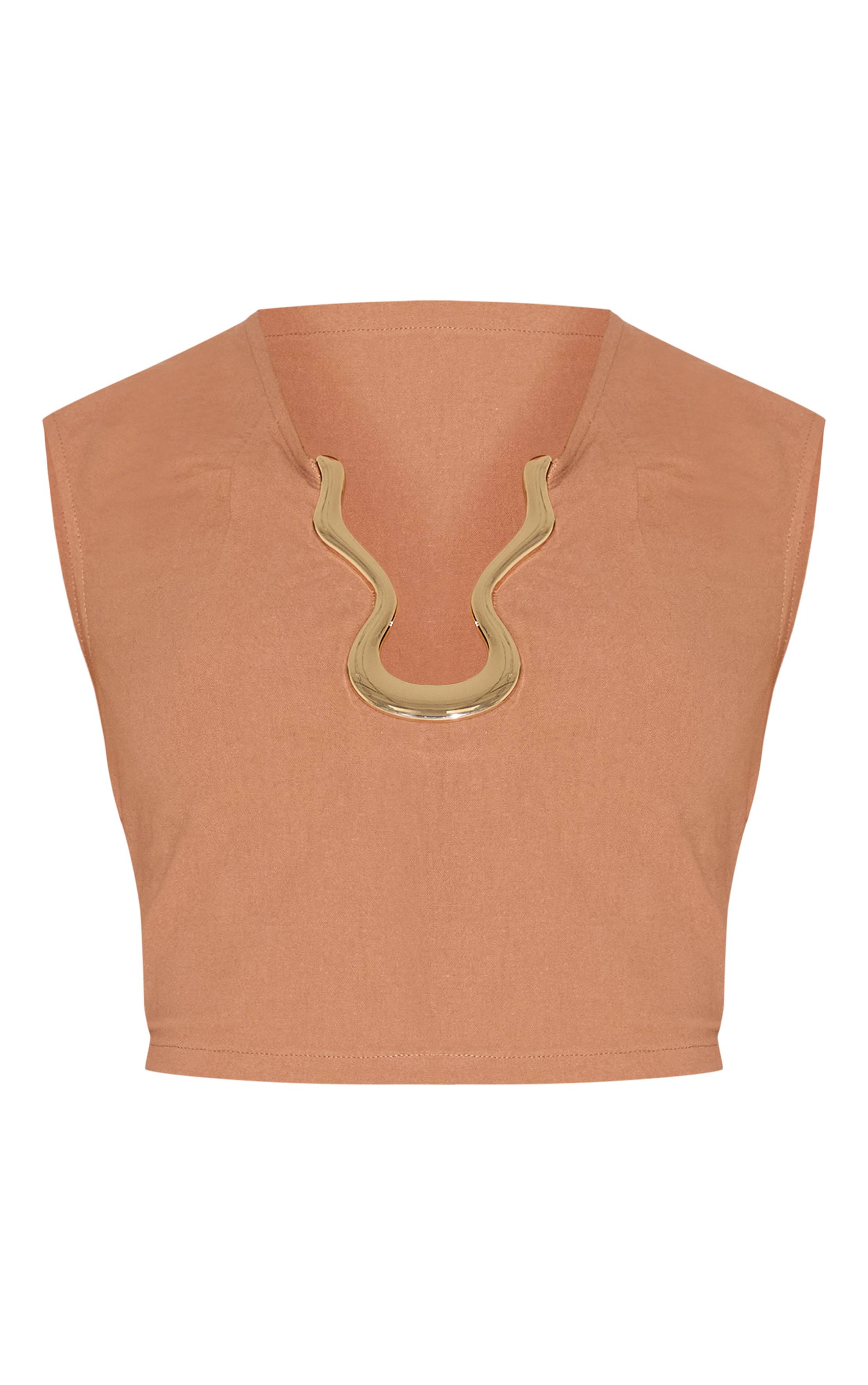 Moka Top Court Crème Aspect Lin Bordure Ondulée Dorée Shape