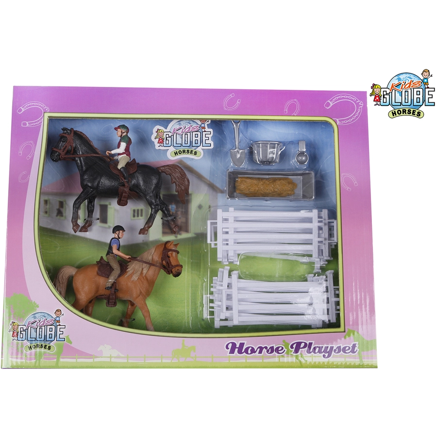 Kids Globe Farming Pferdespielset, mit 2 Pferde und 2 Reiter für Reiterhof Braun Braun