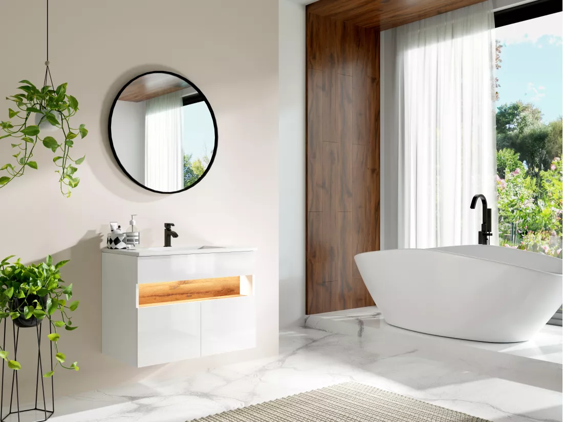Meuble de salle de bain suspendu à LEDs avec vasque à encastrer - Blanc et naturel foncé - L80 cm - POZEGA