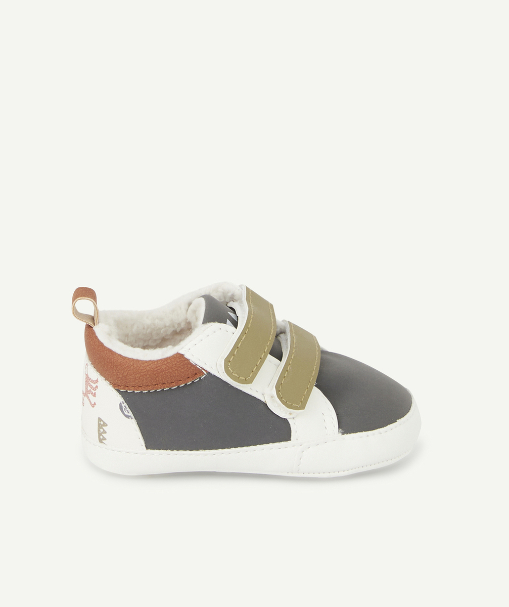 CHAUSSONS TYPE BASKETS BÉBÉ KAKI BLEU ET SHERPA