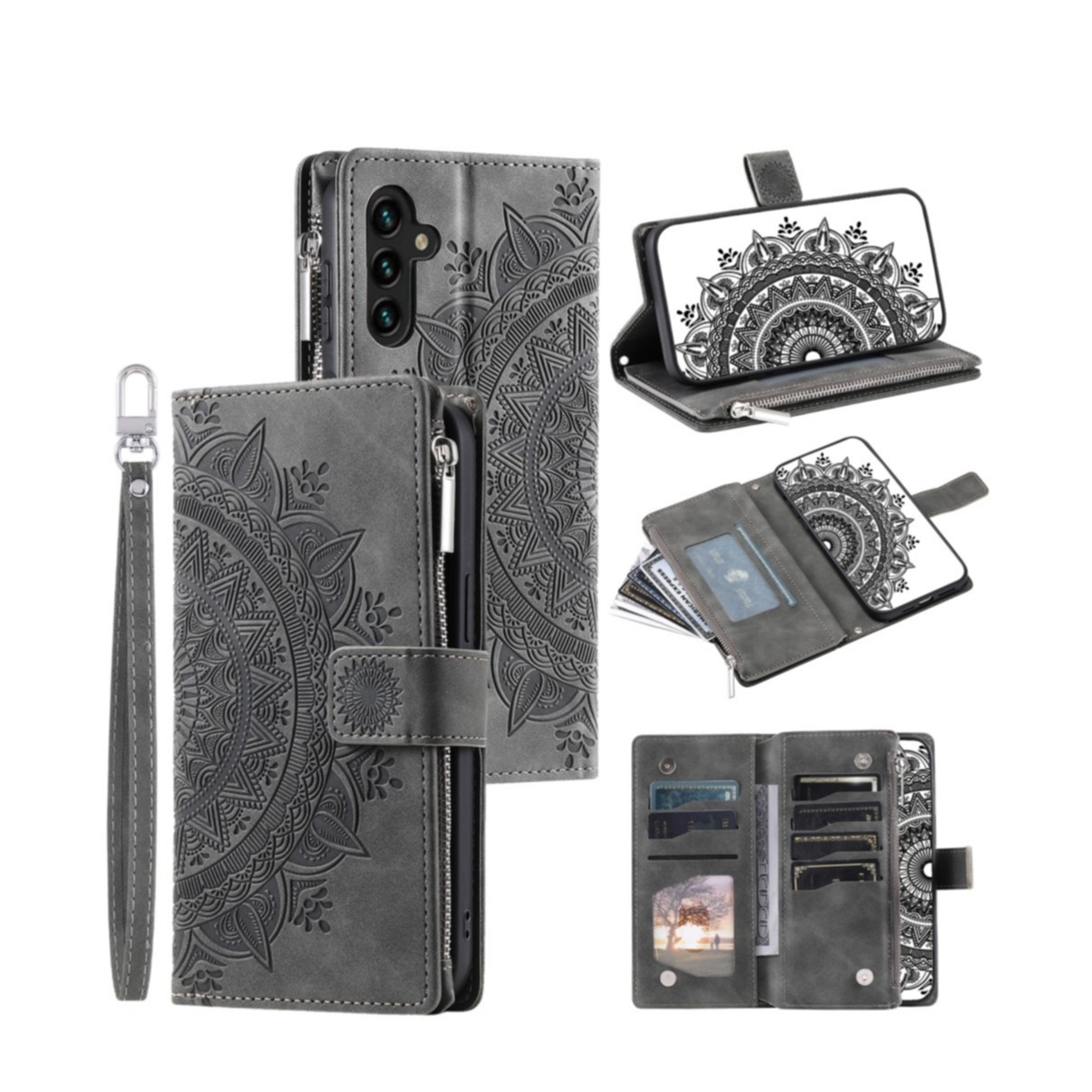 Samsung Galaxy A54 5G Leder Tasche Flip Cover mit Reissverschluss - Mandala Flowers Imprint - Grau