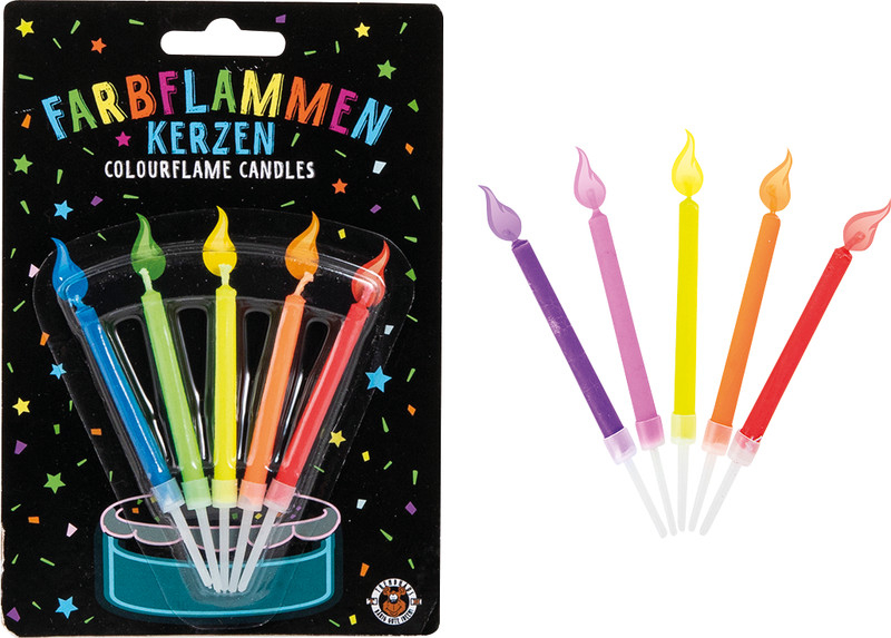 (5er Set) 6cm Birthday Fun Geburtstags Kerzen Bunte Farb Flammen Deko für Torten / Kuchen / Muffins (955531) - Assortiert