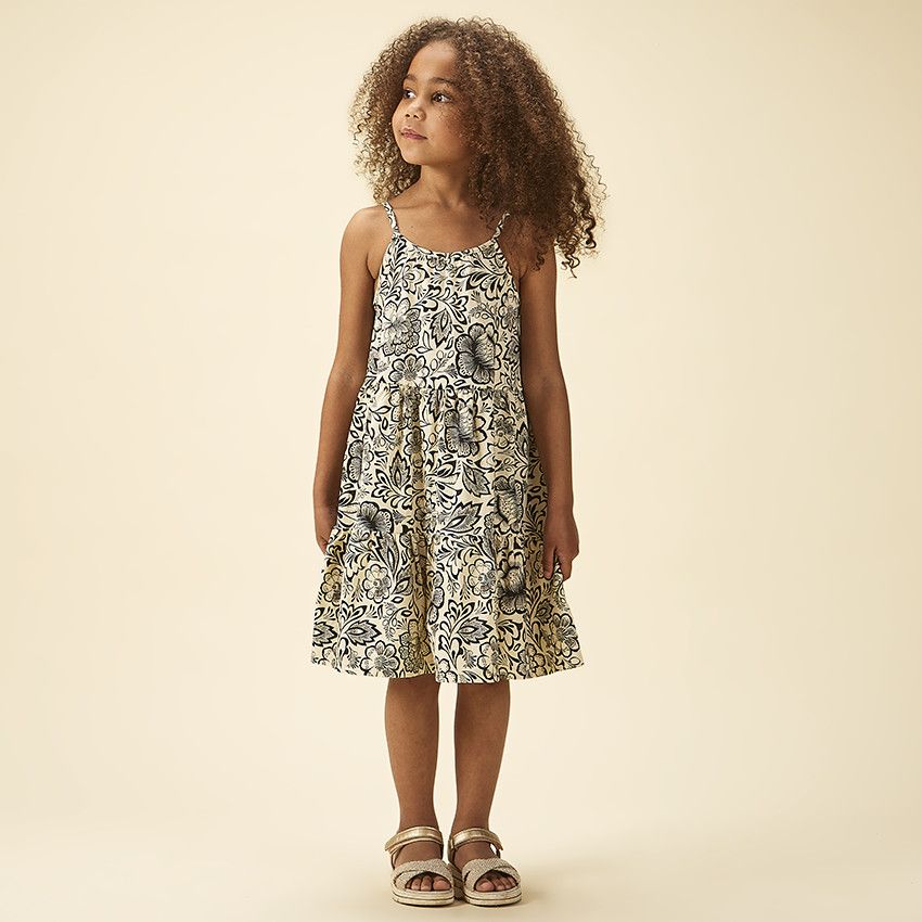 Robe sans manches volantée imprimé floral pour fille - Ecru