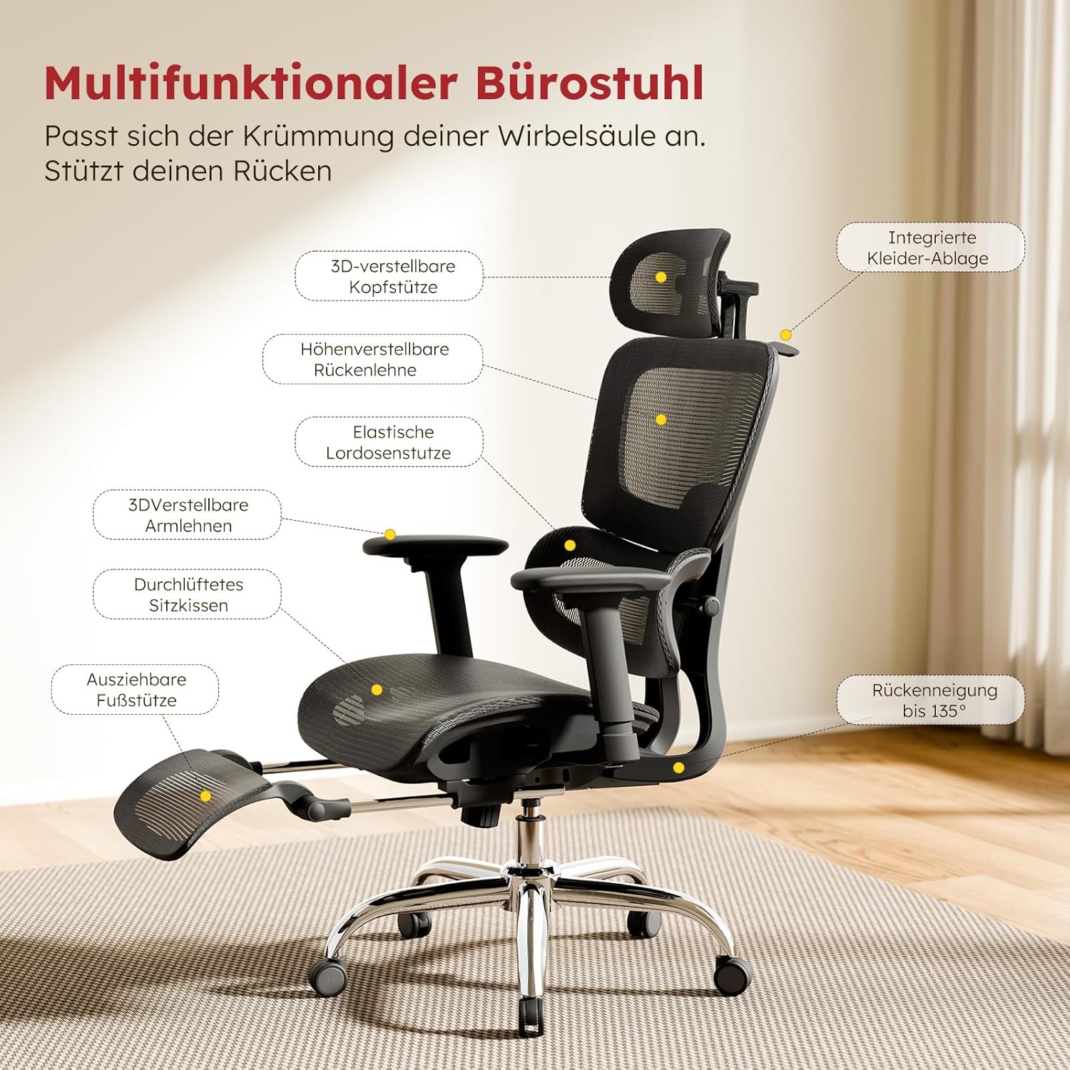 Ergonomischer Bürostuhl Voll-Mesh mit Abnehmbarem Kissen, Fußstütze, Höhenverstellbarem Rückenlehne, Kopfstütze & Armlehnen, Selbstanpassende Lendenstütze, PU-Rollen, 360° Drehbar, 150 kg , Schwarz KH8388908