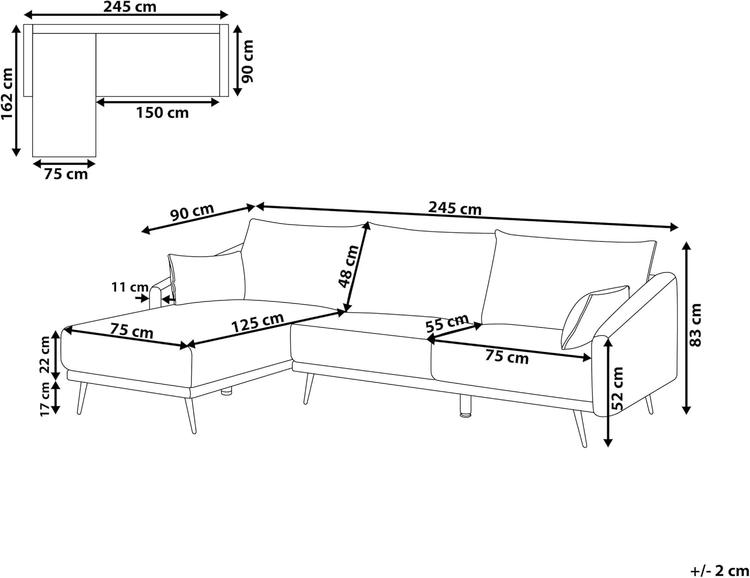 Beliani 3-Sitzer Ecksofa Samt Marine blau Sofa mit Kissen Chaiselongue rechts Varde