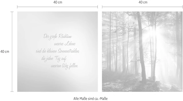 queence Leinwandbild »Sonnenstrahlen« Himmel | Kunst | Modern | Schriftzug | Schriftzüge | Sonnenaufgang | Spa | Spa Bilder | Sprüche | Sprüche & Texte | Wald | Waldbilder Set,  Premium-Leinwandstoff, Handarbeit aus Deutschland, Spruch, 2er Set