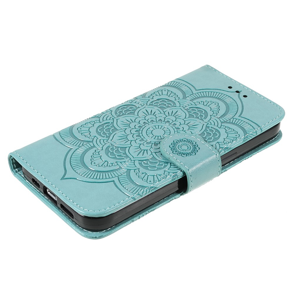 iPhone 13 Pro Leder Tasche Wallet - Mandala Flowers Imprint - Türkis