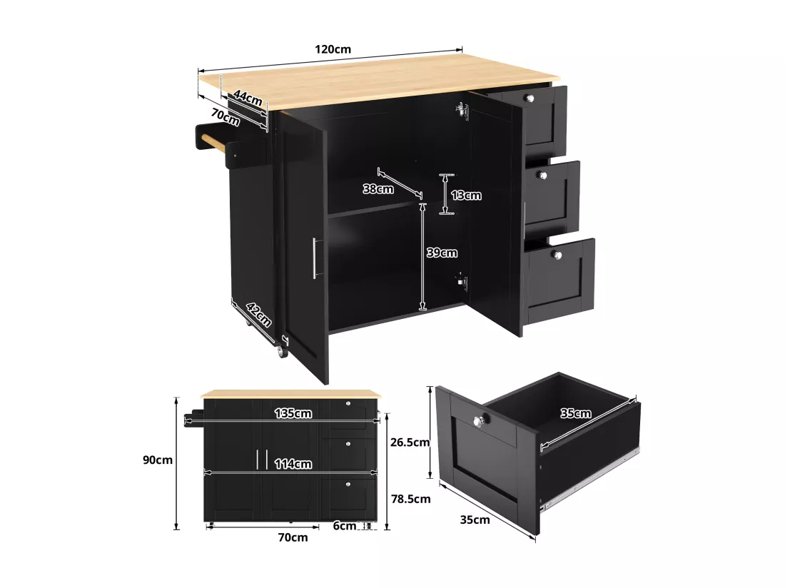 Buffet de cuisine,table de cuisine mobile,design pliable,avec 3 tiroirs et porte-serviettes,135x44(70)x90 cm,Noir